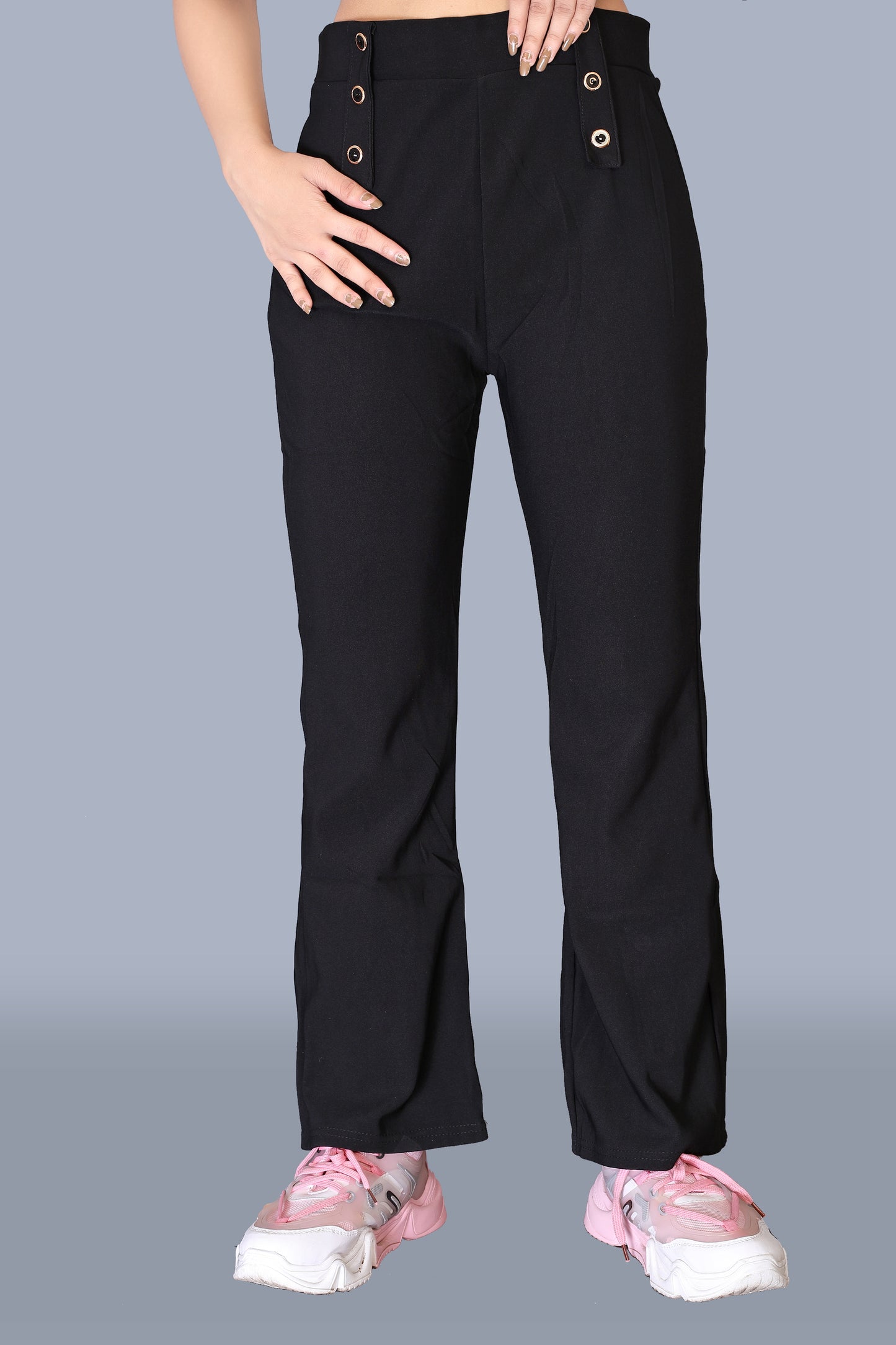 Women's Plain Black Pant with Golden Buttons