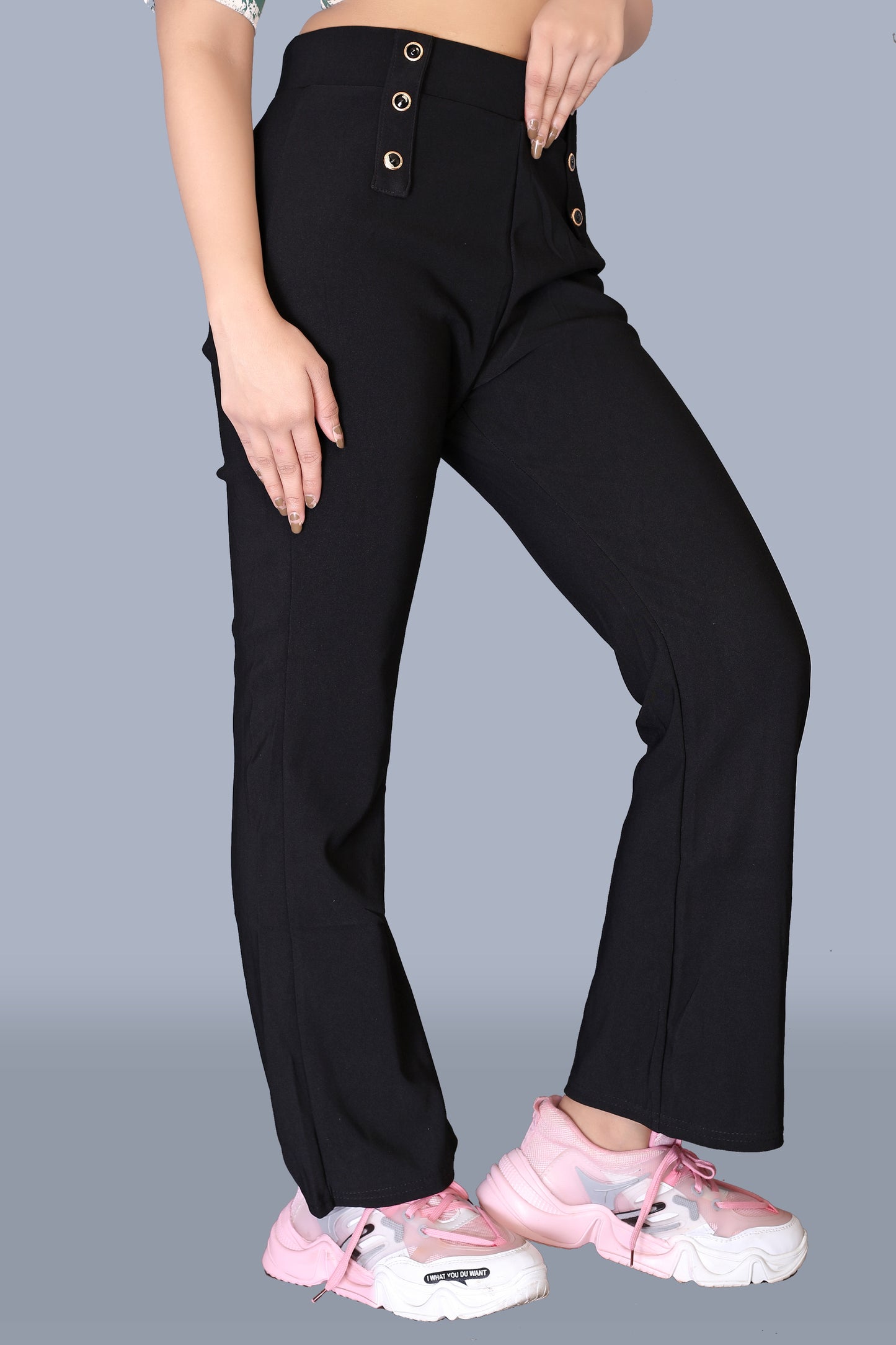 Women's Plain Black Pant with Golden Buttons