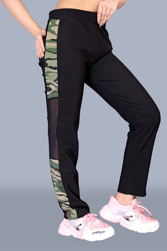 Women's Sporty Black Pant with Army Print