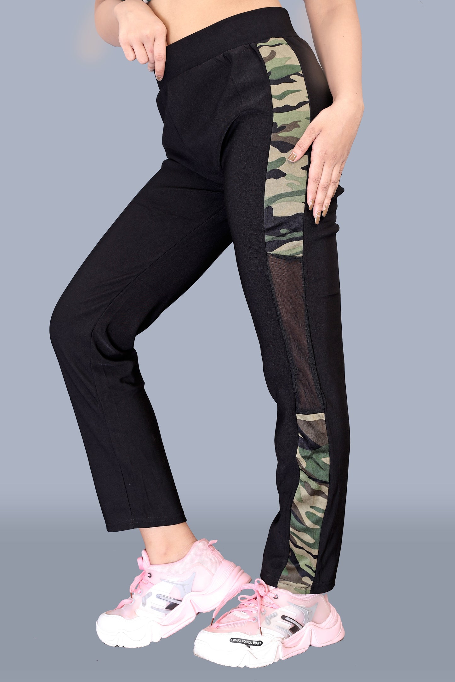 Women's Sporty Black Pant with Army Print