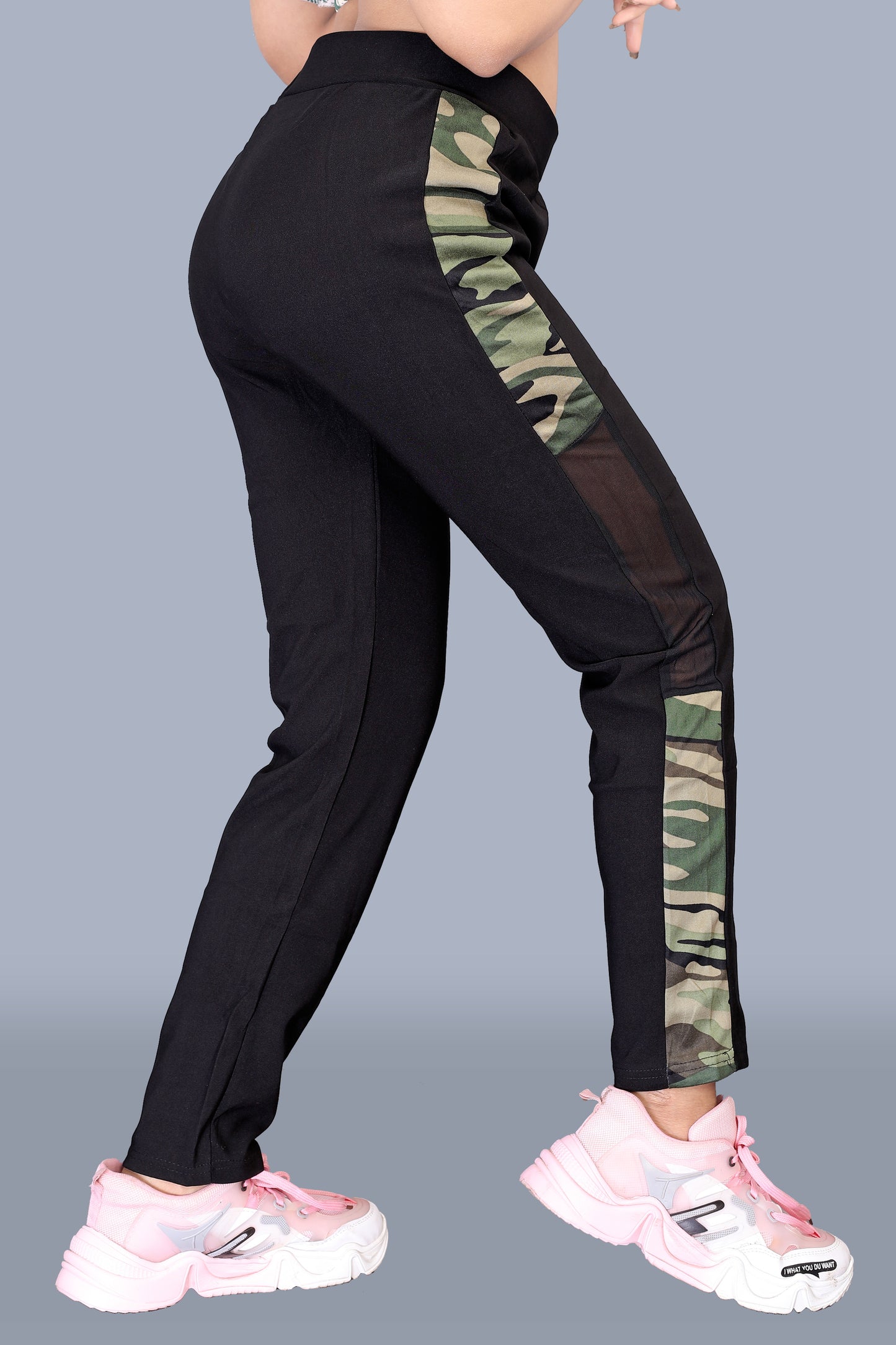 Women's Sporty Black Pant with Army Print